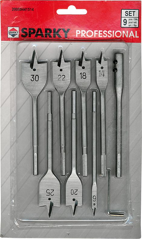 Spade Bit Set 9pcs, Hex Shank 